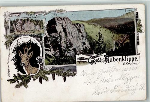 38667 W3388 Bad Harzburg 1901 Gebrauchsspuren Gruss aus - von der Rabenklippe, Restaurant, Litho, Eckknick