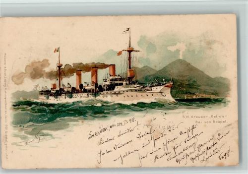 Kreuzer Gefion , Bai von Neapel, litho , sign Bohrdt ,1898 Meissner & Buch Marinepostkarte Serie 1000 AK