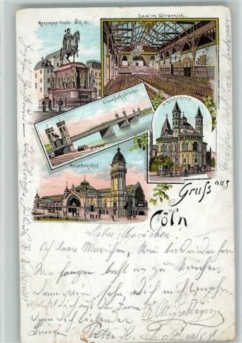 1899 Gruss aus - Litho - Saal im Gürzenich , Bahnhof