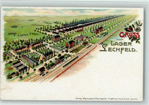 Lager Lechfeld 1908 Gruss aus - Lager Lechfeld mit Bahnhof u. Eisenbahn, gute Erhaltung AK