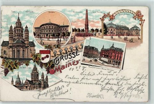 Mainz 1898 Dom Westseite Theater Neubrunnen und grosse Bleiche Grossh. Schloss Neue Rheinische und Mainzer Bierhallen Dom Nordwestseite