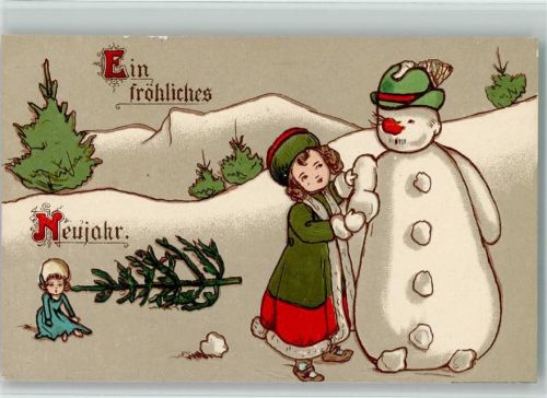 1917 Neujahr - Mädchen mit einer Puppe umnd einem Tannenbaum baut einen Schneemann AK