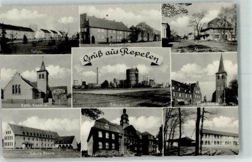 Repelen Talstraße Kamper Straße Moerser Straße Kath. Kapelle Schacht VI Ev. Kirche Schule Rheim Rathaus Kath. Schule Rückseite mit Abschürfungen bzw Kleberesten