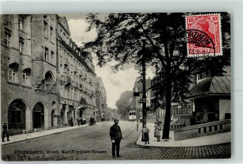 Pforzheim 1914 Westl. Karl-Friedrich-Straße Polizist Straßenbahn