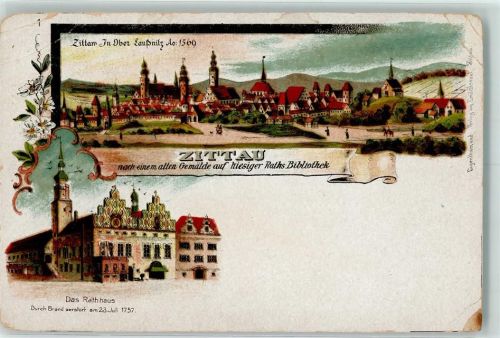 02763 O8800 Zittau Gebrauchsspuren Zittau nach einem alten Gemälde aus hiesiger Raths-Bibliothek Rathaus Durch einen Brand zerstört 1757 Lithographie