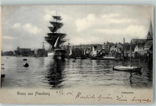 Flensburg 1904 Hafenpartie Segelschiff Bahnpost Hamburg - Vamdrup Zug 775