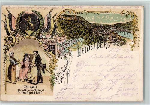 Heidelberg 1897 Blick nach Heidelberg Churpalz Doktor Fahnen Wappen 2-Bildaufnahme