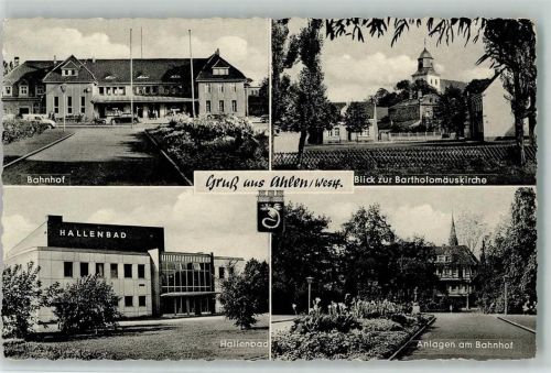 Ahlen Bahnhof Blick zur Bartholomäuskirche Hallenbad Anlagen am Bahnhof 4-Bildaufnahme