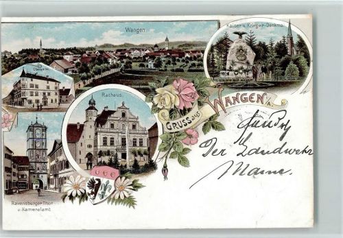 Wangen 1897 Lithographie Gesamtansicht Oberamtei Rathaus Ravensburger Tor und Kameralamt Kaiser- und Krieger-Denkmal
