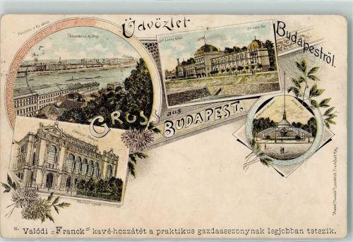 Budapest 1899 Panorama und K. Burg Städtische Redoute St. Lukas-Bad Artesischer Brunnen Lithographie
