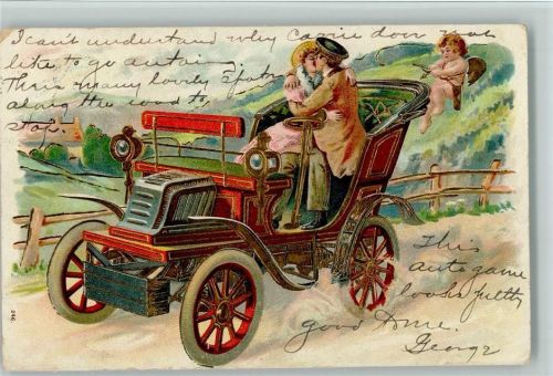 Liebespaar im Automobil und Amor