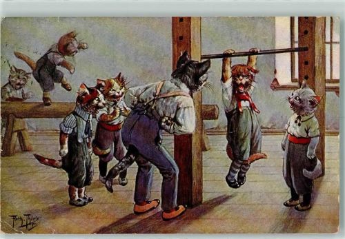 Turnen Reck Schwebebalken Katzen Tiere vermenschlicht Thiele, Arthur Gebrauchsspuren