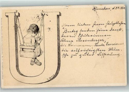 1901 Buchstabe U als Schaukel, Kind mit einer Puppe - Serie Kaulbach Kinderweltpostkarte Nr. 5 AK Stempelflecken