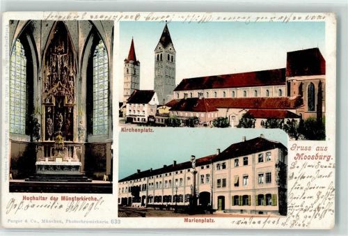Moosburg 1902 Hochaltar der Münsterkirche Kirchplatz Marienplatz Mariensäule