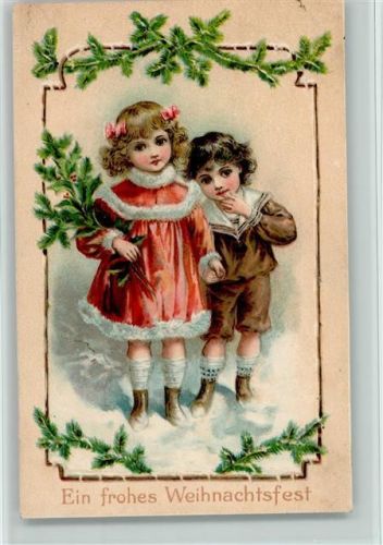 Kinder mit Tannenzweige, Kleid mit Pelzbesatz 1907 AK