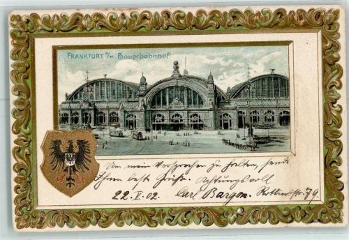 Frankfurt 1902 Hauptbahnhof Wappen Passepartout Rahmen Lithographie