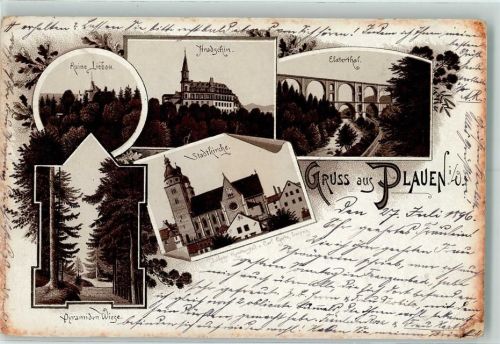 Plauen Vorläufer Druck 1890-1895 , Lithographie Ruine Liebau Hradschin Elsterthal Stadtkirche Pyramiden Wiege