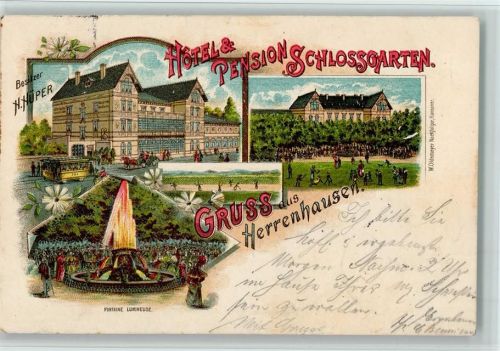 Hannover 1898 Hotel Schlossgarten, Straßenbahn, Fontaine Lumineuse, AK