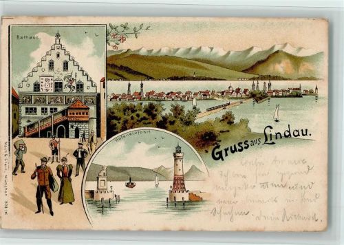 88131 W8990 Lindau (Bodensee) 1898 Lithographie Rathaus Ortsansicht Hafeneinfahrt Leuchttrum Bayer. Löwe Trachten 3-Bildaufnahme