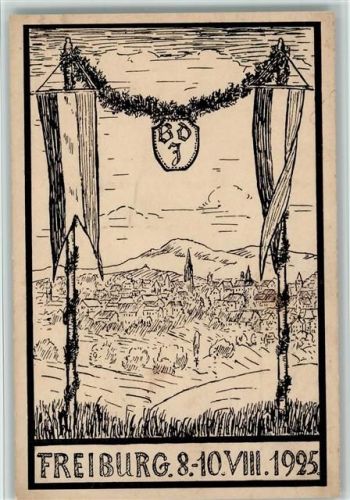 Freiburg 1925 Federzeichnung - BdJ Feierlichkeit, Fahnen,