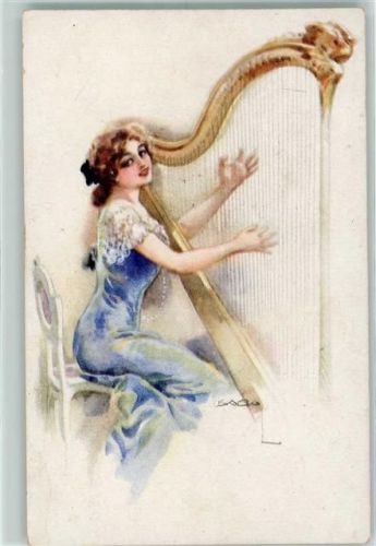 1918 Frau spielt Harfe sign. Usabal AK