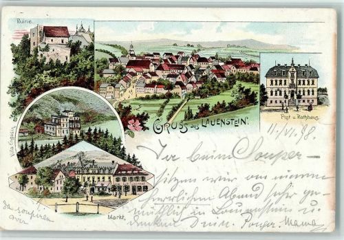 Lauenstein 1898 Gruss aus - Litho, Post und Rathaus, Ruine, Markt AK