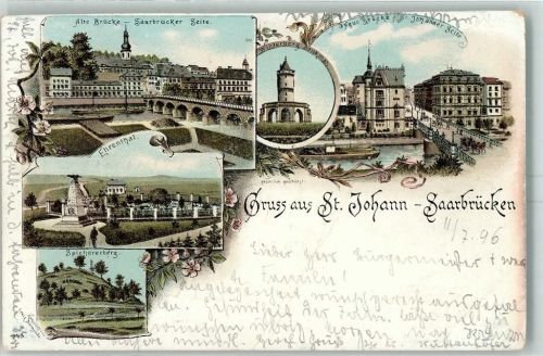St. Johann Alte Brücke Saarbrücken Winterberg-Denkmal Neue Brrücke St. Johann Ehrenthal Spichererberg Lithographie