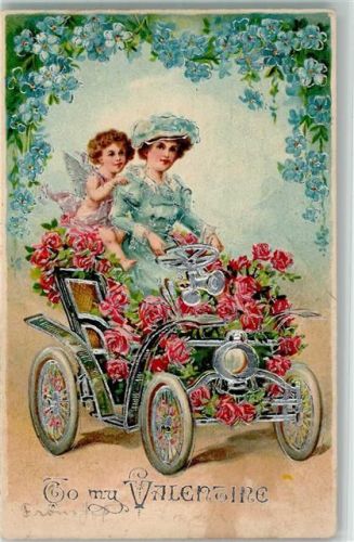 1908 to my Valensine - Amor im Automobil aus Rosenblüten , Vergissmeinnicht , Silberdruck