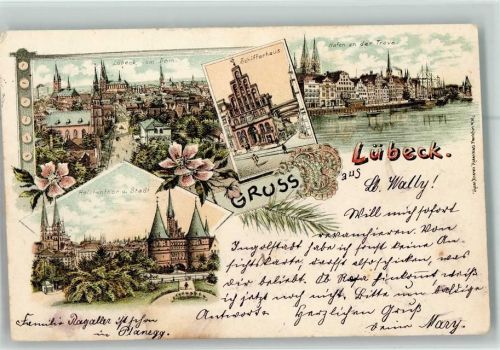 23552 W2400 Lübeck 1897 Lithographie vom Dom gesehen Schifferhaus Hafen an der Trave Holstenthor und Stadt