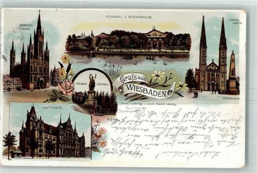 Wiesbaden 1900 Ev. Kirche Kursaal Musikpavillon Kriegerdenkmal Kath. Kirche Rathaus