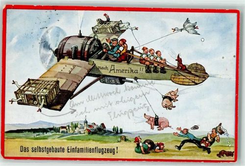 Fantasie Flugeug Auf nach Amerika Humor Schwäbischer Kunstverlag Nr. 253 Böttcher, H. 1936 Gebrauchsspuren