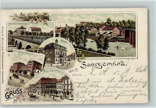 57200 Sarreguemines 1898 Lithographie Gruss aus - Saargemünd - Postamt, Kaserne, Landgerichtsplatz, Rathaus
