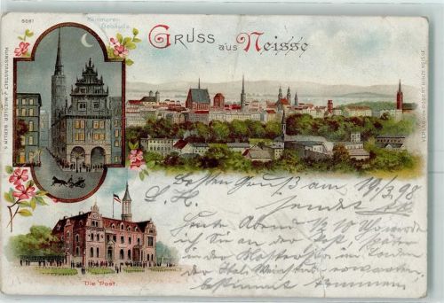 Neisse 1898 Kämmerer-Gebäude Post Lithographie Mondschein