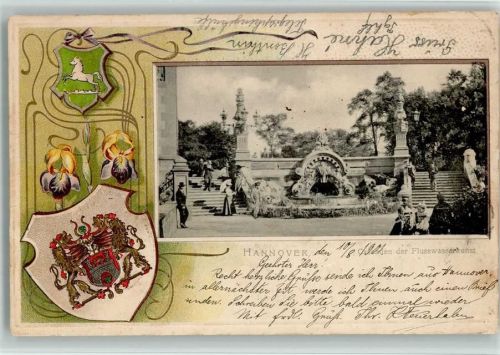 Hannover 1901 Prägedruck Cascaden er Flusswasserkunst Wappen Iris Lithographie
