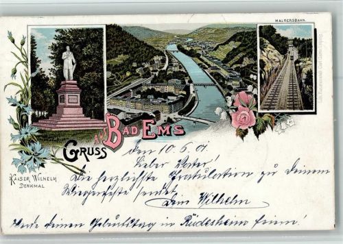 Bad Ems 1910 Gruss aus Bad Ems, Malbergbahn, Kaiser Wilhelm Denkmal