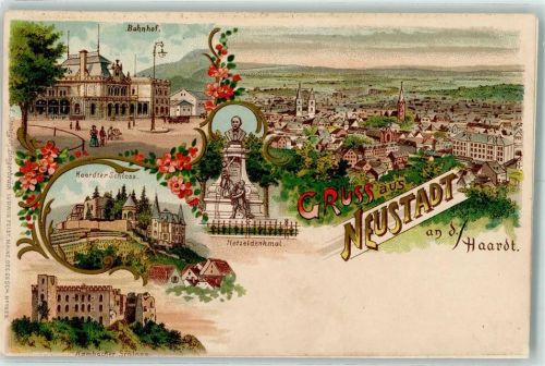 Neustadt Lithographie Vorläufer Druck 1890-1895 Bahnhof Haardter Schloss Hetzeldenkmal Hambacher Schloss