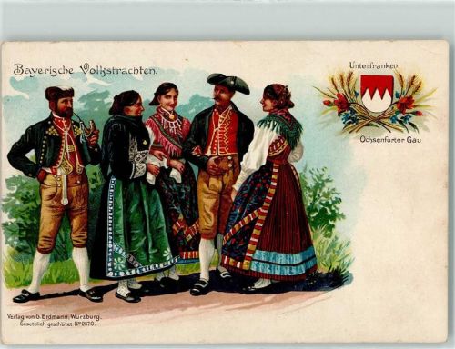 97199 W8703 Ochsenfurt Künstlerkarte Bayerische Volkstrachten Tracht Wappen Pfeife Dirndl