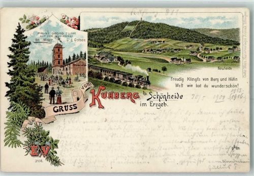 Schönheide Gruss aus Kuhberg Aussichtsturm , Eisenbahn AK