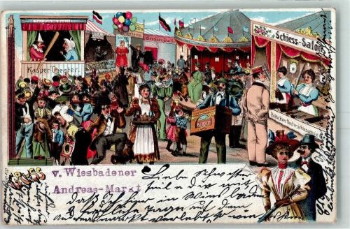 Wiesbaden 1900 Wiesbadener Andreas-Markt Drehorgel Karussell Kasper-Theater Luftballons