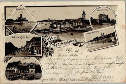 Friedrichshafen 1902 Gruss aus - Bahnhof, Hotel Krone, Ottmar Zieher