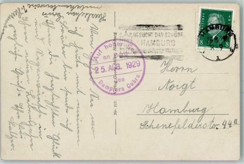 Bordstempel 25. Aug. 1929 Dampfer Cobra