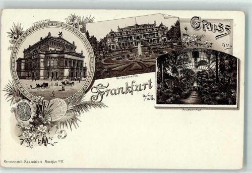 Frankfurt Opernhaus Palmengarten Palmenhaus Springbrunnen Kutsche Vorläufer Wappen Blumen Schwalbe