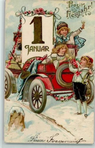 1906 Neujahr - Kinder mit Automobil, Sekt trinken AK