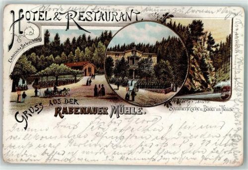 Rabenau 1897 Hotel Gasthaus Rabenauer Mühle Gruss Sommerfrische Bäder Bastei Kutsche Lithographie