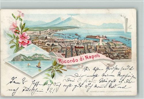 Napoli 1899 Gruss aus - Panorama mit Hafen