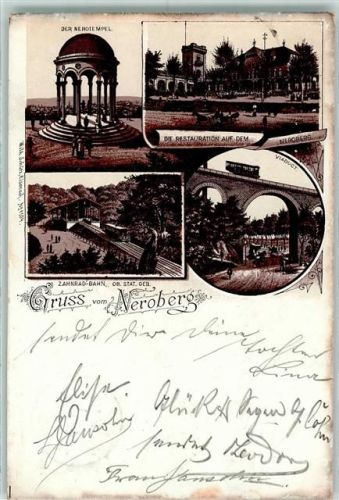 W6200 Wiesbaden Vorläufer Druck 1890-1895 Nerotempel Restauration auf dem Neroberg Viadukt Zahnrad-Bahn Vorläufer Lithographie