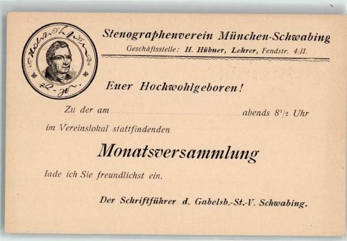 München 1906 Einladung Monatsversammlung Stenographenverein München-Schwabing
