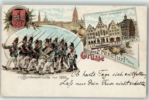 60308 W6000 Frankfurt am Main 1897 Lithographie Bundespatrouille Uniform vor 1866 Römer und alte Häuser Wappen