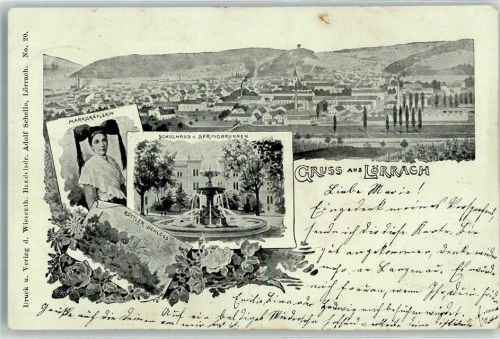 Lörrach 1901 Schulhaus Springbrunnen Margräfler Tracht Röttler Schloß