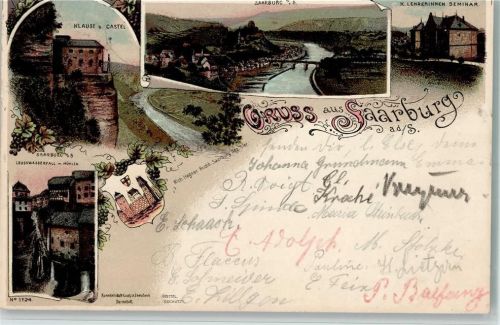 54439 W5510 Saarburg , Saar 1898 Lithographie Gruss aus - Wappen, Kunstanstalt Lautz 1124 , Bahnpost: Cöln -Saarbrücken Zug 203 17.7.98